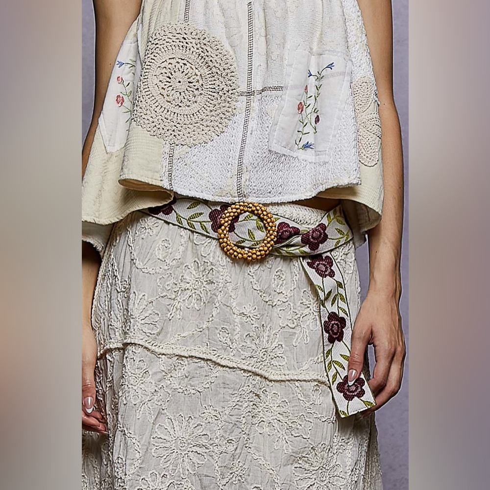171-BURGUNDY POL Beaded Buckle Embroidered Floral Belt